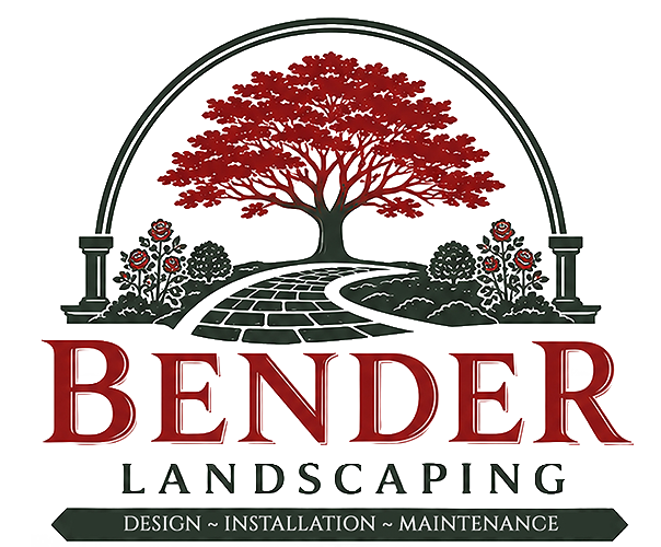 Bender Landscaping logo: a red oak tree under a garden arch with a stone path